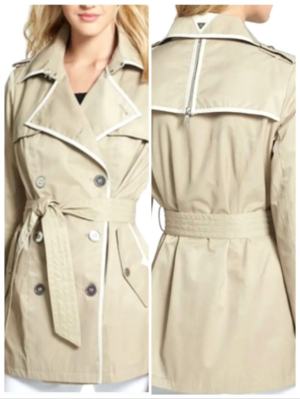 Sam Edelman Lyda Khaki Ivory Piping Belted Trench Coat Coastal Small Old Money